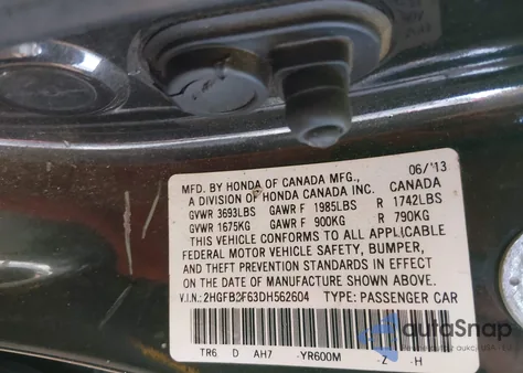 2013 Honda Civic Hf from USA, damaged, VIN 2HGFB2F63DH562604